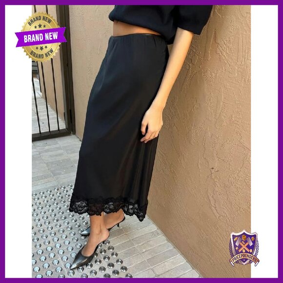 Silk Satin Midi Skirt with Lace Trim, Elastic Waist, Flowy A-Line - Picture 3 of 5